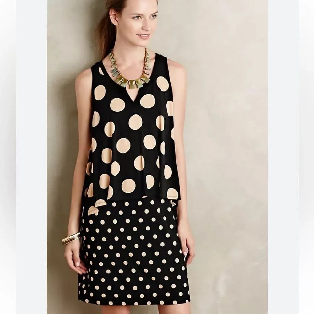 Anthropologie Maeve Black with Tan Polka Dots Dress Size XS
